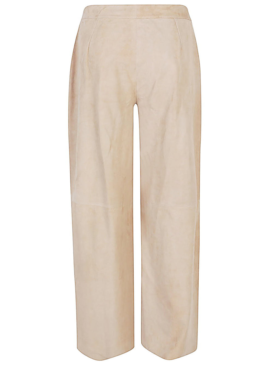 Via Masini 80 Suede Leather Trousers For Women With Straight Leg Beige Zip And Button Closure