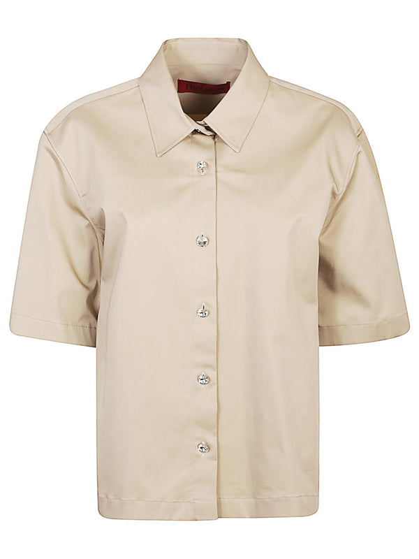 Beige Cotton Shirt for Women by The Latest, True To Size Fit with Stretch, Jewel Button Short Sleeve