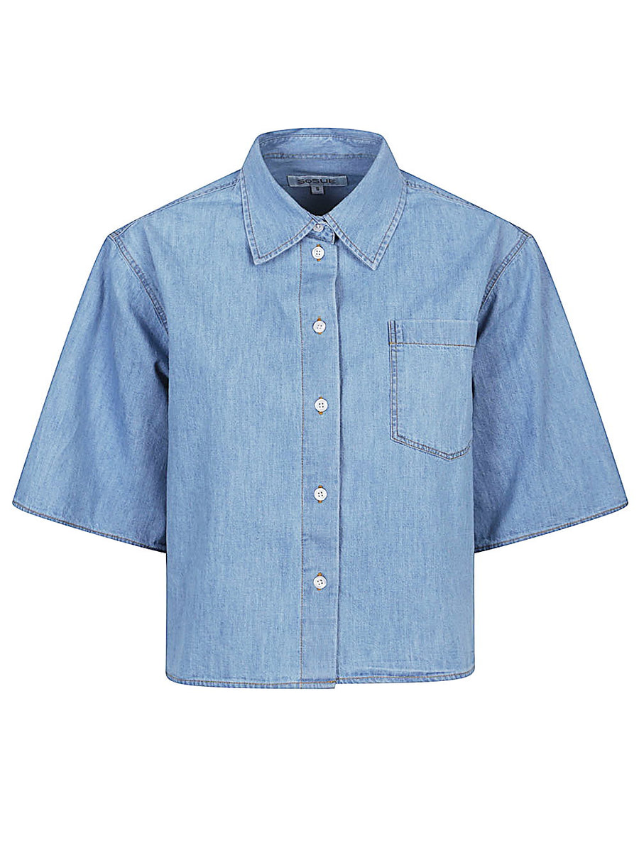 Sosue Denim Cotton Shirt For Women With Oversized Straight Cut Chest Pocket Short Sleeves Clear Blue
