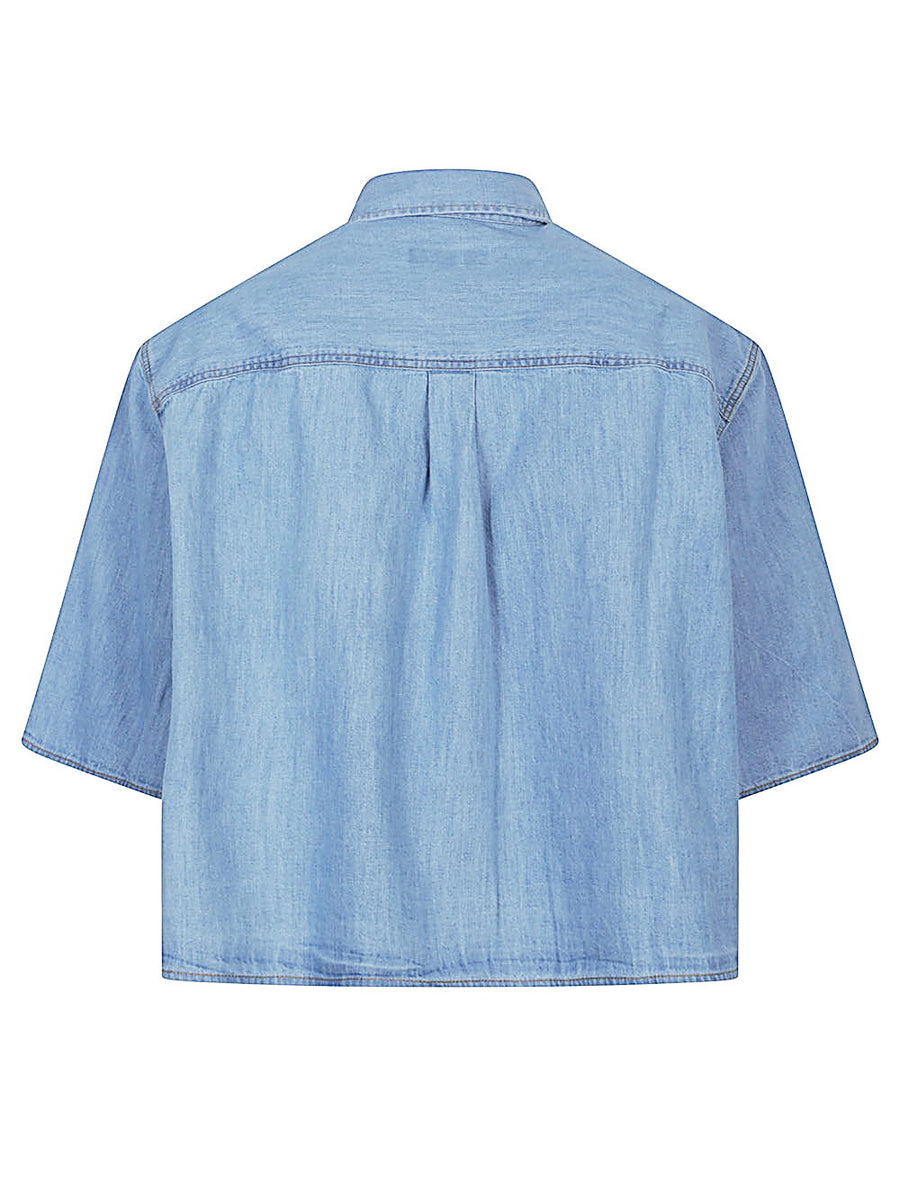 Sosue Denim Cotton Shirt For Women With Oversized Straight Cut Chest Pocket Short Sleeves Clear Blue
