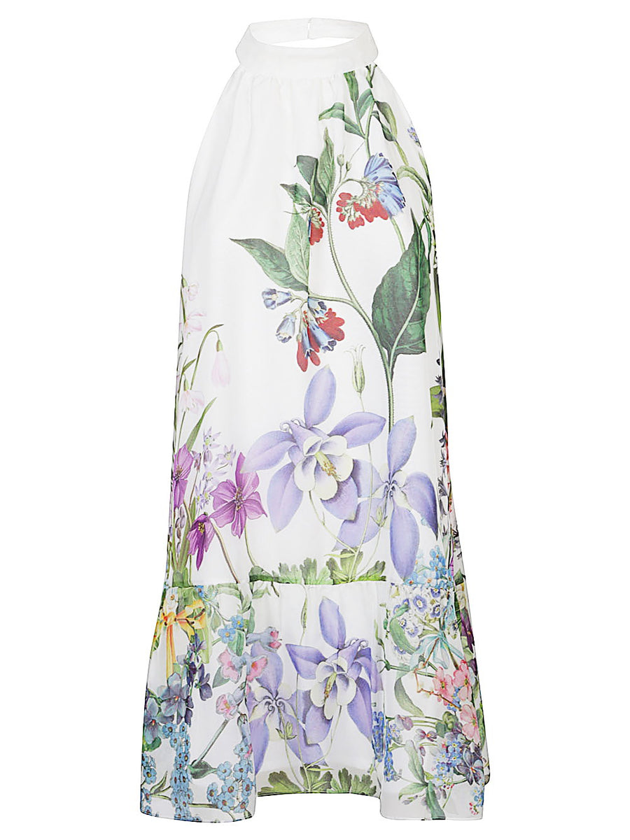 St Piece Of London Bonnie Printed Silk Dress For Women High Neck Floral Resort Wear White