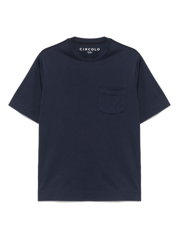 Circolo 1901 Cotton Tee for Men with Chest Patch Pocket Oxford Blue Crew Neck Essential Wardrobe Staple