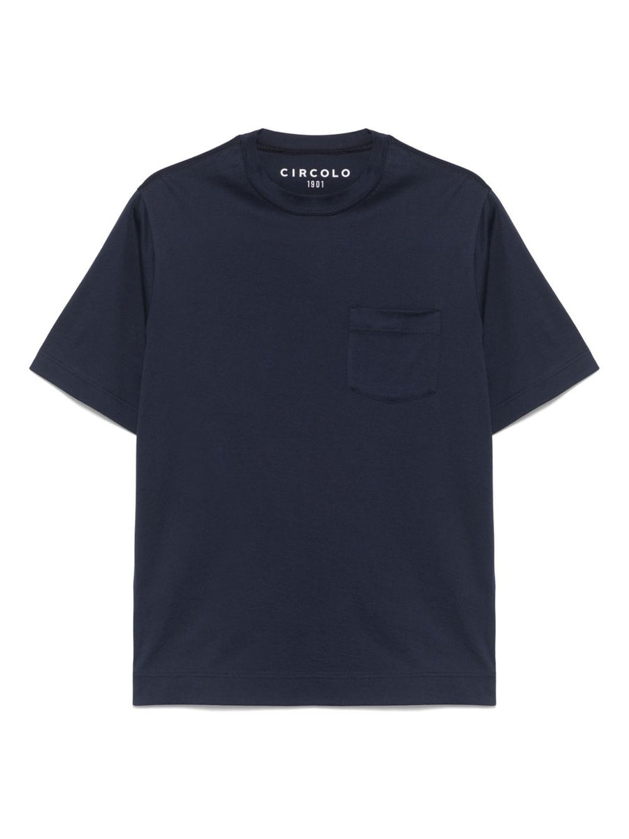 Circolo 1901 Cotton Tee for Men with Chest Patch Pocket Oxford Blue Crew Neck Essential Wardrobe Staple