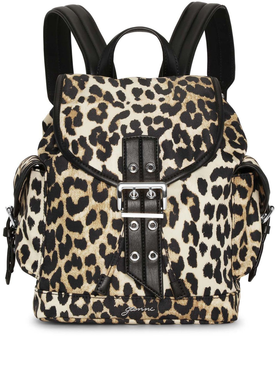 Ganni Nylon Bucky Backpack for Women Compact Hands Free City Bag with Secure Buckle Closure