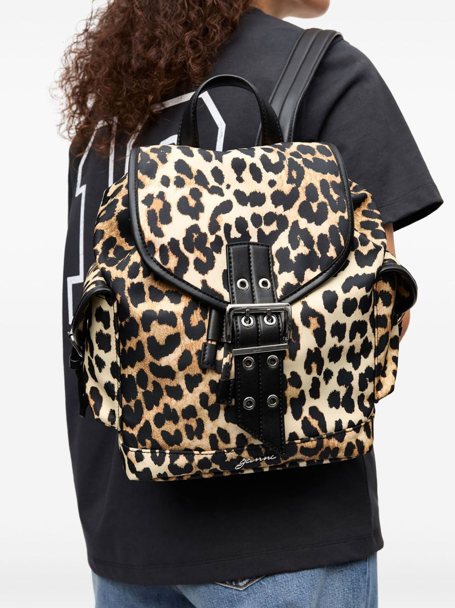 Ganni Nylon Bucky Backpack for Women Compact Hands Free City Bag with Secure Buckle Closure