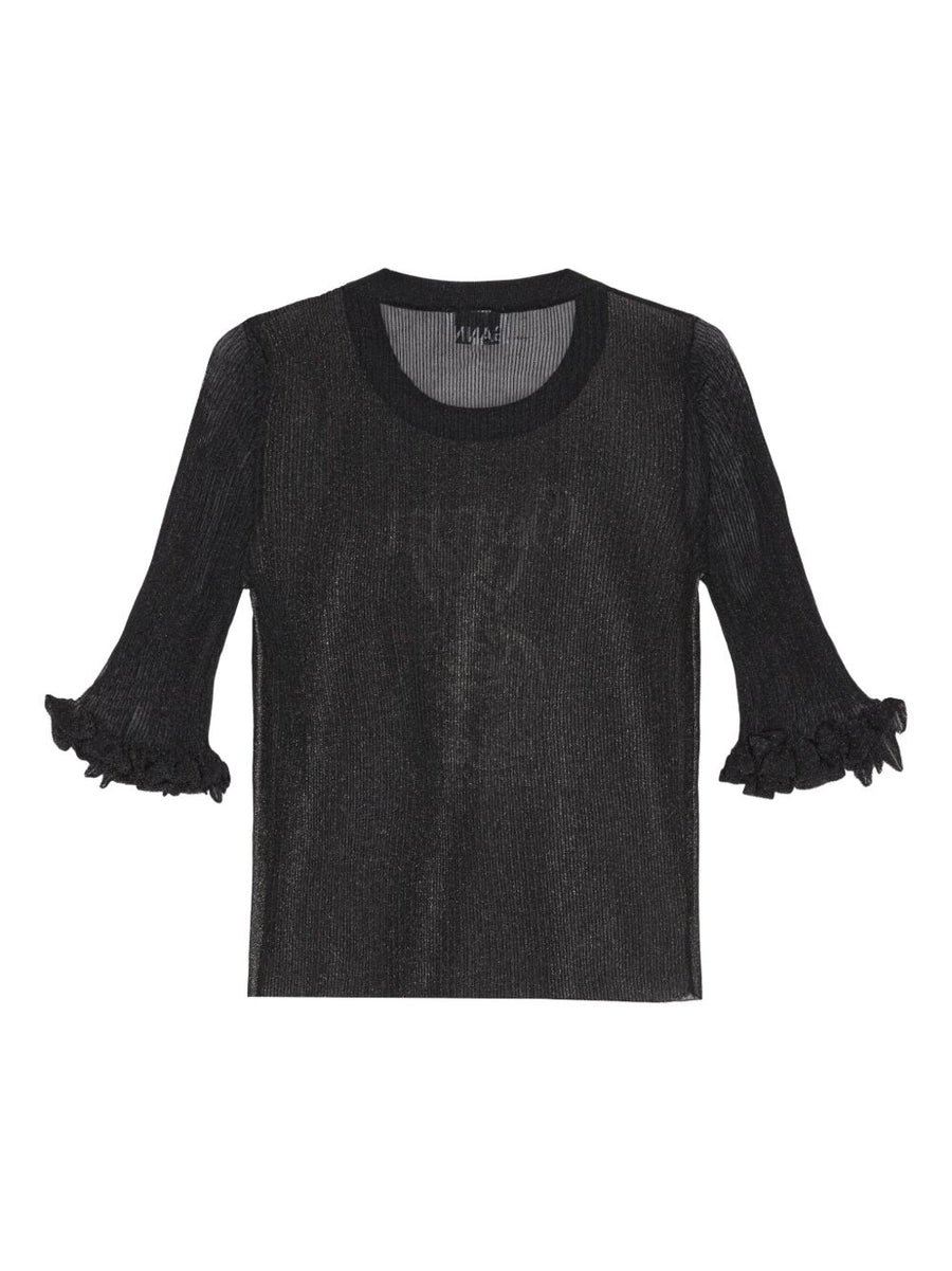 Ganni Sheer Jacquard Top For Women Versatile Dressy Casual With Ruffle Cuffs Crew Neck