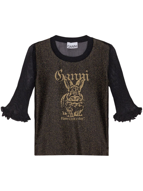 Ganni Sheer Jacquard Top For Women Versatile Dressy Casual With Ruffle Cuffs Crew Neck