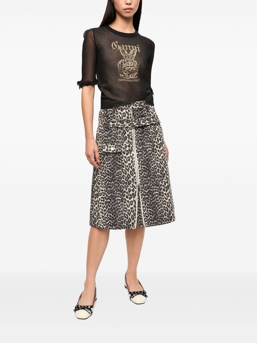 Ganni Sheer Jacquard Top For Women Versatile Dressy Casual With Ruffle Cuffs Crew Neck