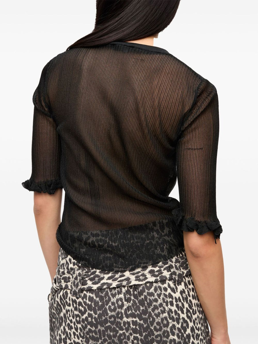 Ganni Sheer Jacquard Top For Women Versatile Dressy Casual With Ruffle Cuffs Crew Neck