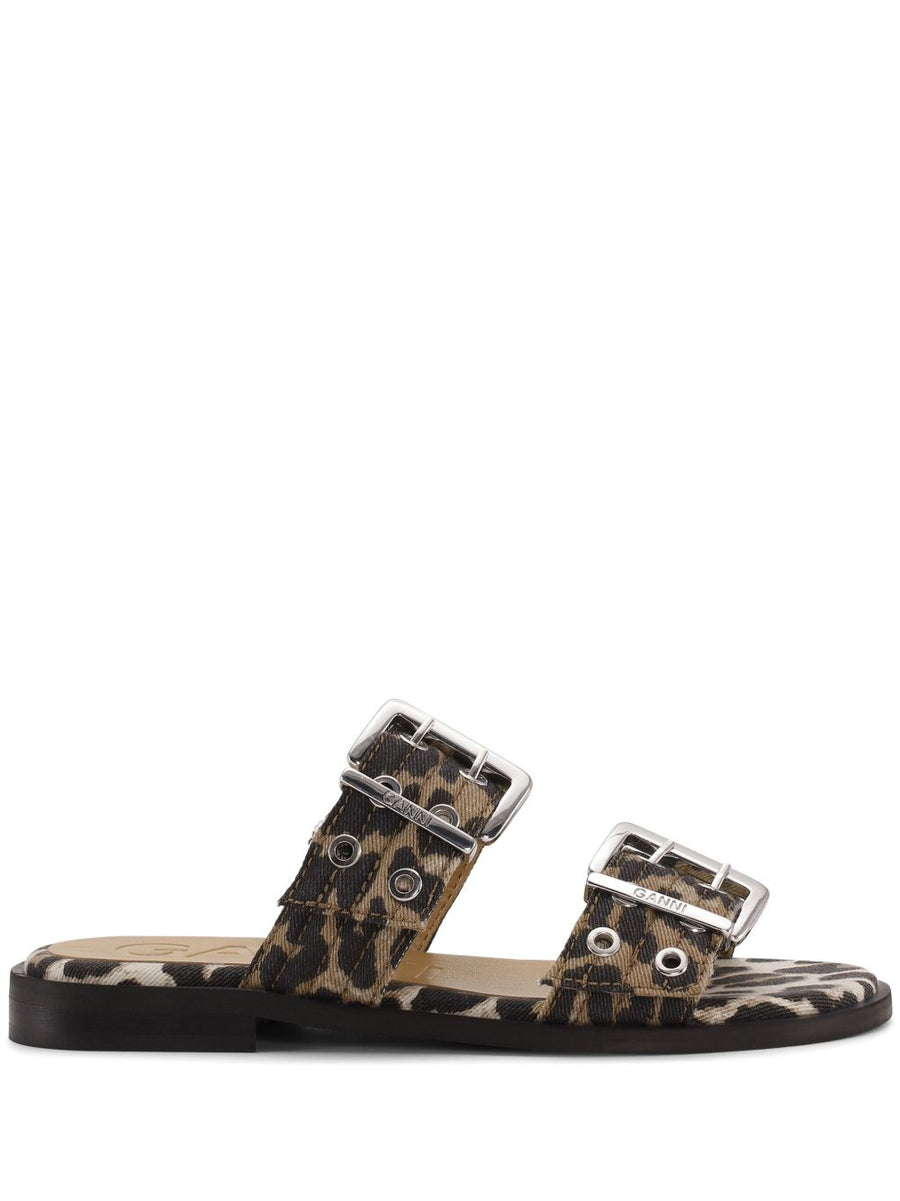 Ganni Leopard Denim Two-Strap Buckle Sandals for Women Low 2cm Block Heel Summer Ready
