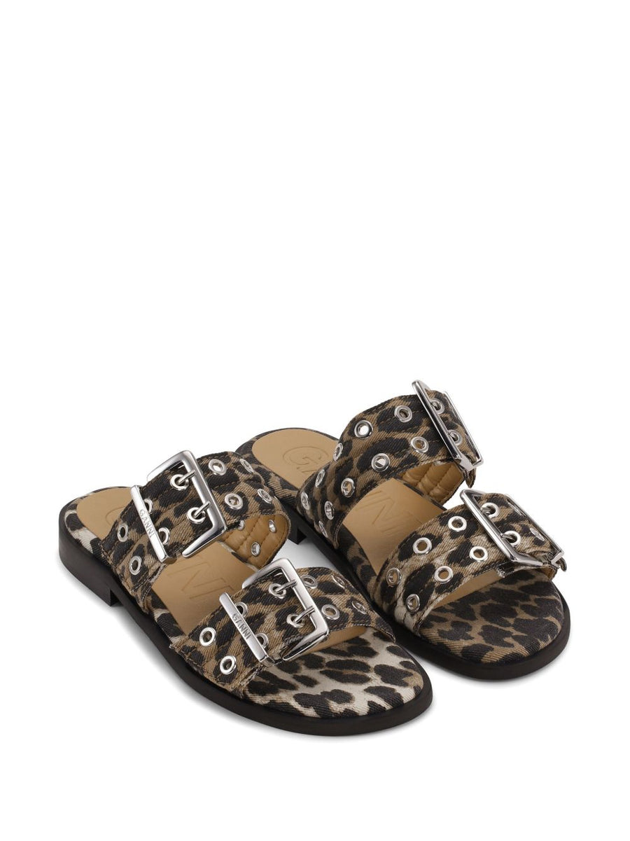 Ganni Leopard Denim Two-Strap Buckle Sandals for Women Low 2cm Block Heel Summer Ready