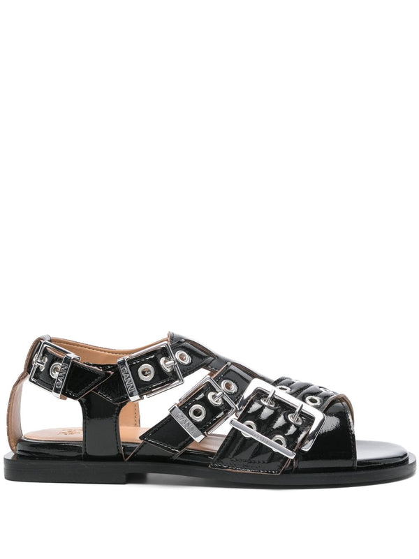 Ganni Eyelet Sandals With Buckle Ankle Strap Uncaged Minimal Luxury For Women Everyday Wear Dust Bag Included