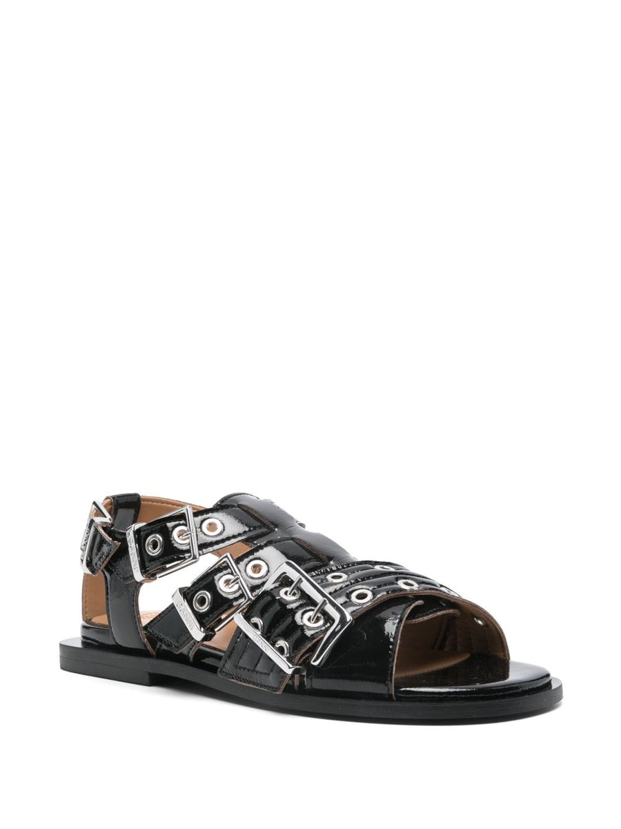 Ganni Eyelet Sandals With Buckle Ankle Strap Uncaged Minimal Luxury For Women Everyday Wear Dust Bag Included