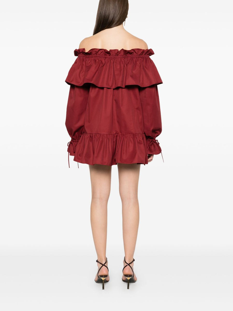 Saint Laurent Ruffled Bold Cotton Mini Dress Off Shoulder Long Sleeves Pockets Women Bordeaux Red