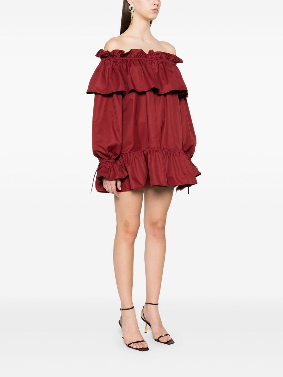 Saint Laurent Ruffled Bold Cotton Mini Dress Off Shoulder Long Sleeves Pockets Women Bordeaux Red
