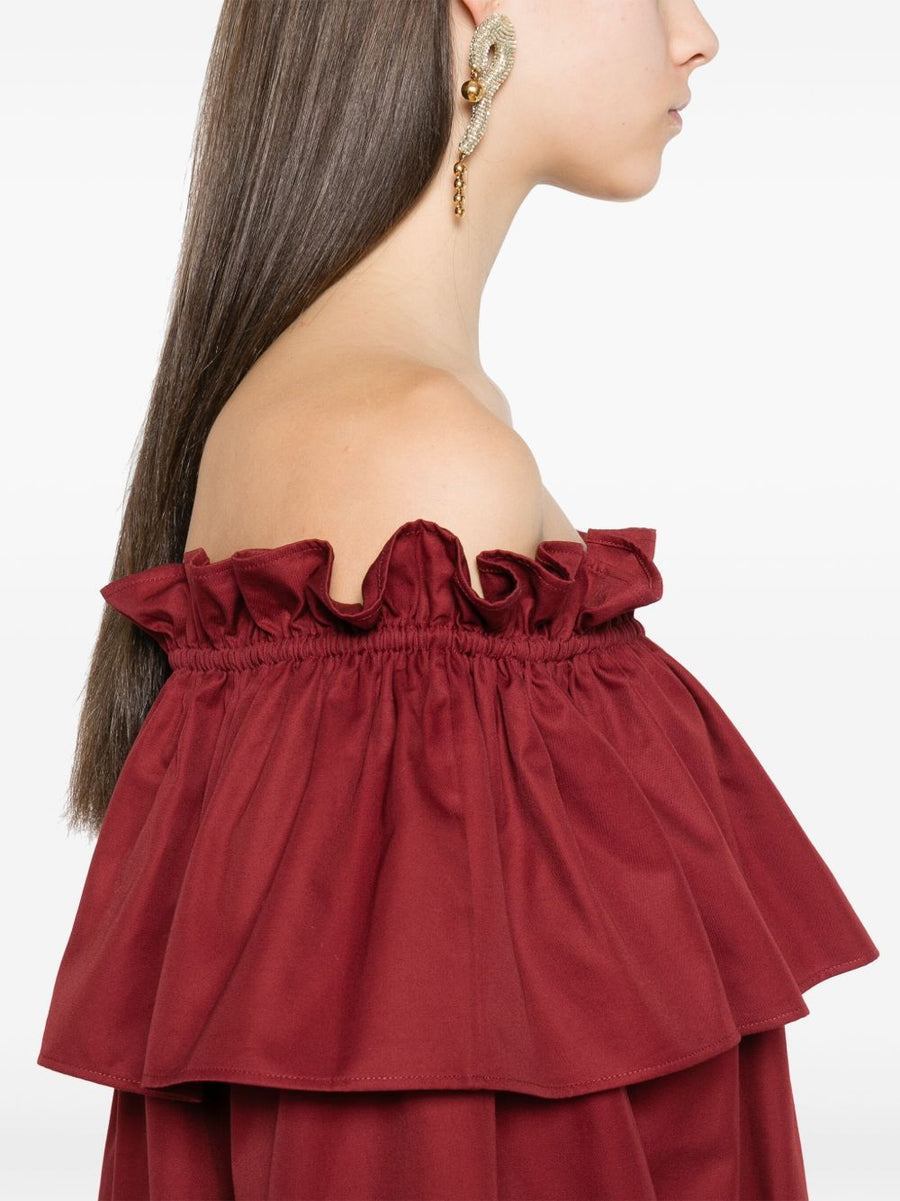 Saint Laurent Ruffled Bold Cotton Mini Dress Off Shoulder Long Sleeves Pockets Women Bordeaux Red