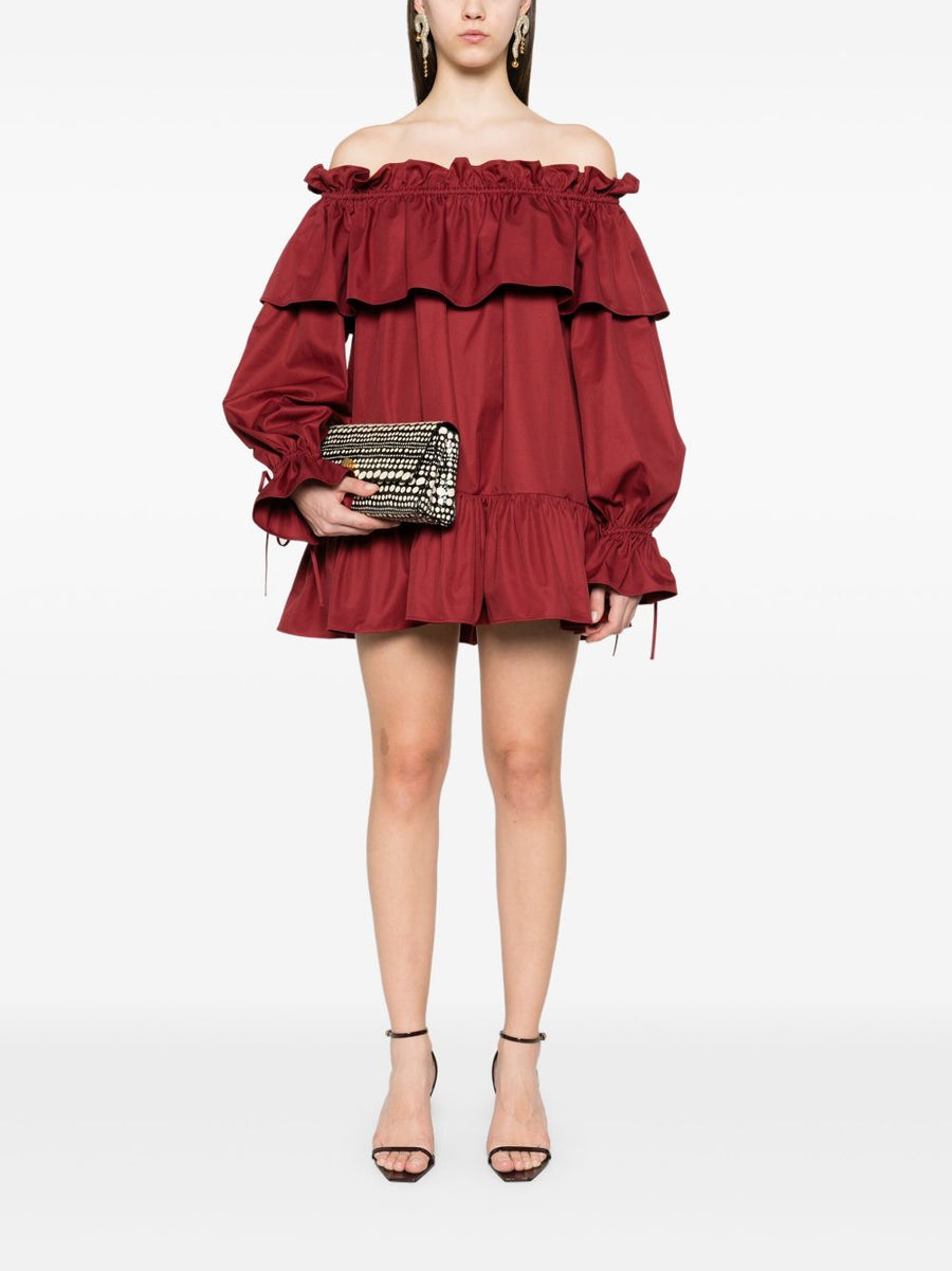 Saint Laurent Ruffled Bold Cotton Mini Dress Off Shoulder Long Sleeves Pockets Women Bordeaux Red