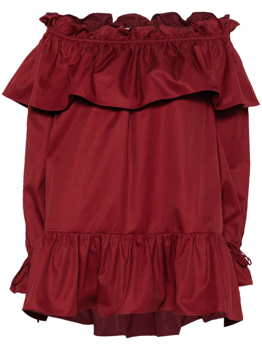 Saint Laurent Ruffled Bold Cotton Mini Dress Off Shoulder Long Sleeves Pockets Women Bordeaux Red