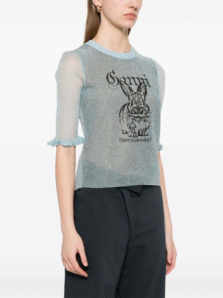 Ganni Bunny Detail Top Light Blue Eco Friendly Recycled Fibers Day To Night Versatile Top For Women