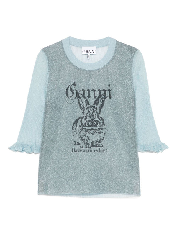 Ganni Bunny Detail Top Light Blue Eco Friendly Recycled Fibers Day To Night Versatile Top For Women
