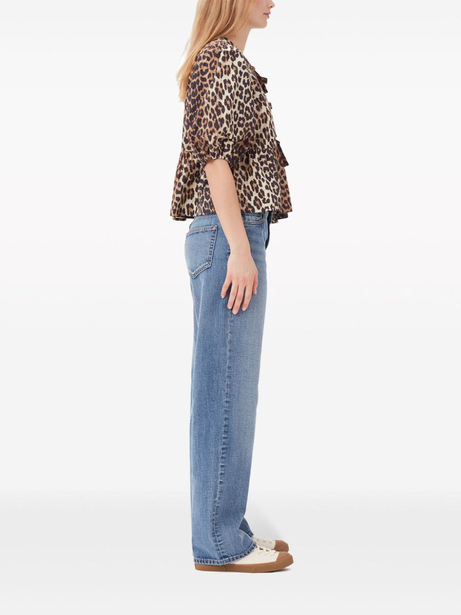 Ganni Conscious Criteria Organic Cotton Peplum Top Leopard Print Front Tie For Women Sustainable Chic
