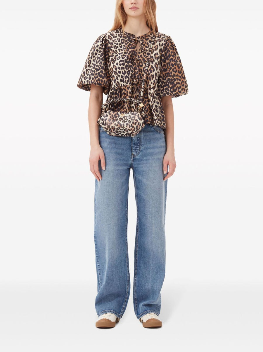 Ganni Conscious Criteria Organic Cotton Peplum Top Leopard Print Front Tie For Women Sustainable Chic