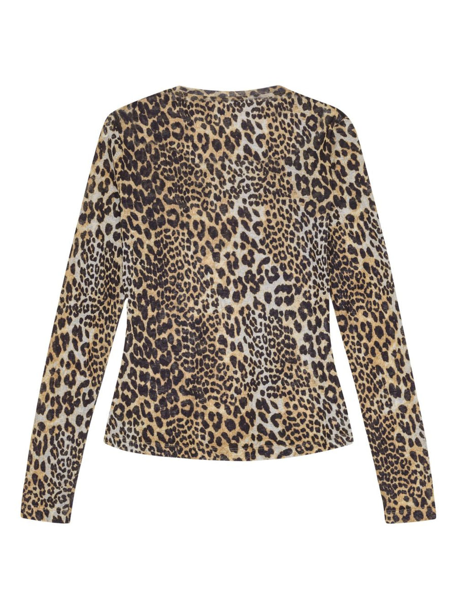 Ganni Leopard Print T Shirt For Women With Long Sleeve Crew Neck And Side Logo Patch Sustainable Recycled Polyester