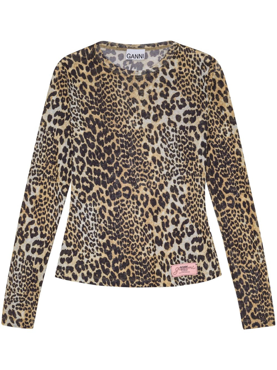 Ganni Leopard Print T Shirt For Women With Long Sleeve Crew Neck And Side Logo Patch Sustainable Recycled Polyester