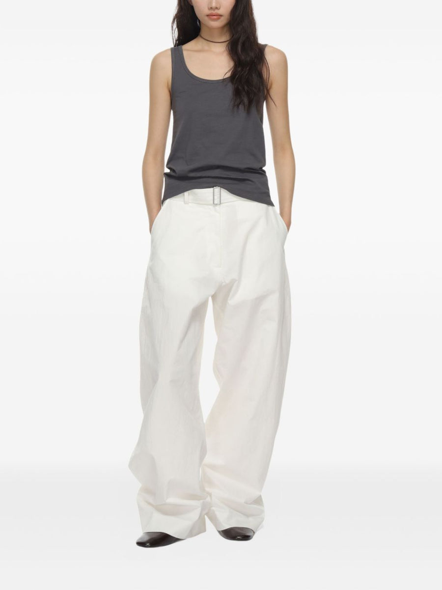 Studio Nicholson Round Leg Cotton Trousers Premium White Cotton Nylon Blend with Detachable Belt for Women
