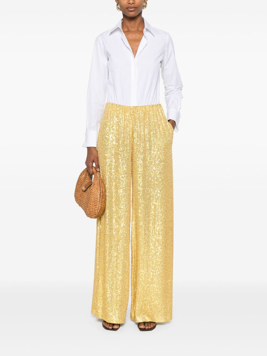 Norma Kamali Women's Wide Leg Trousers In Luxurious Yellow Gold With Concealed Zip And Two Side Pockets
