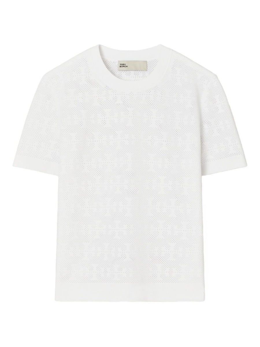 Tory Burch Monogram T Shirt For Women White Textured Viscose Blend Luxury Topwear