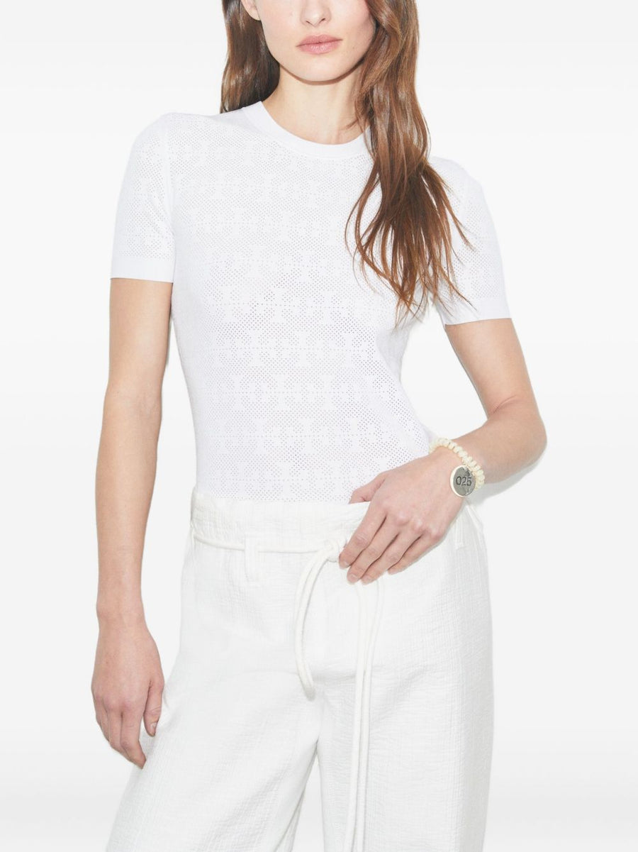 Tory Burch Monogram T Shirt For Women White Textured Viscose Blend Luxury Topwear
