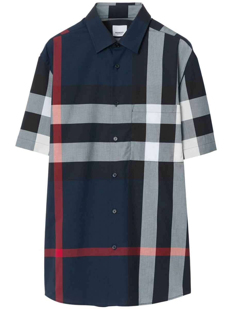Burberry Somerton Checked Shirt For Men Navy Multicolor Stretch Cotton Regular Fit Heritage Craftsmanship