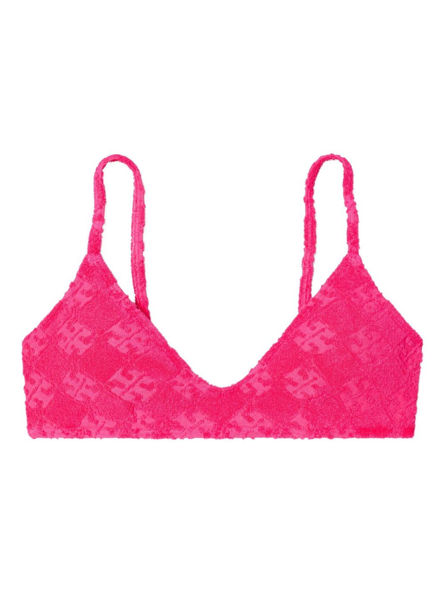 Tory Burch Women's Bikini Top Allover Logo Fuchsia V-Neck With Adjustable Straps