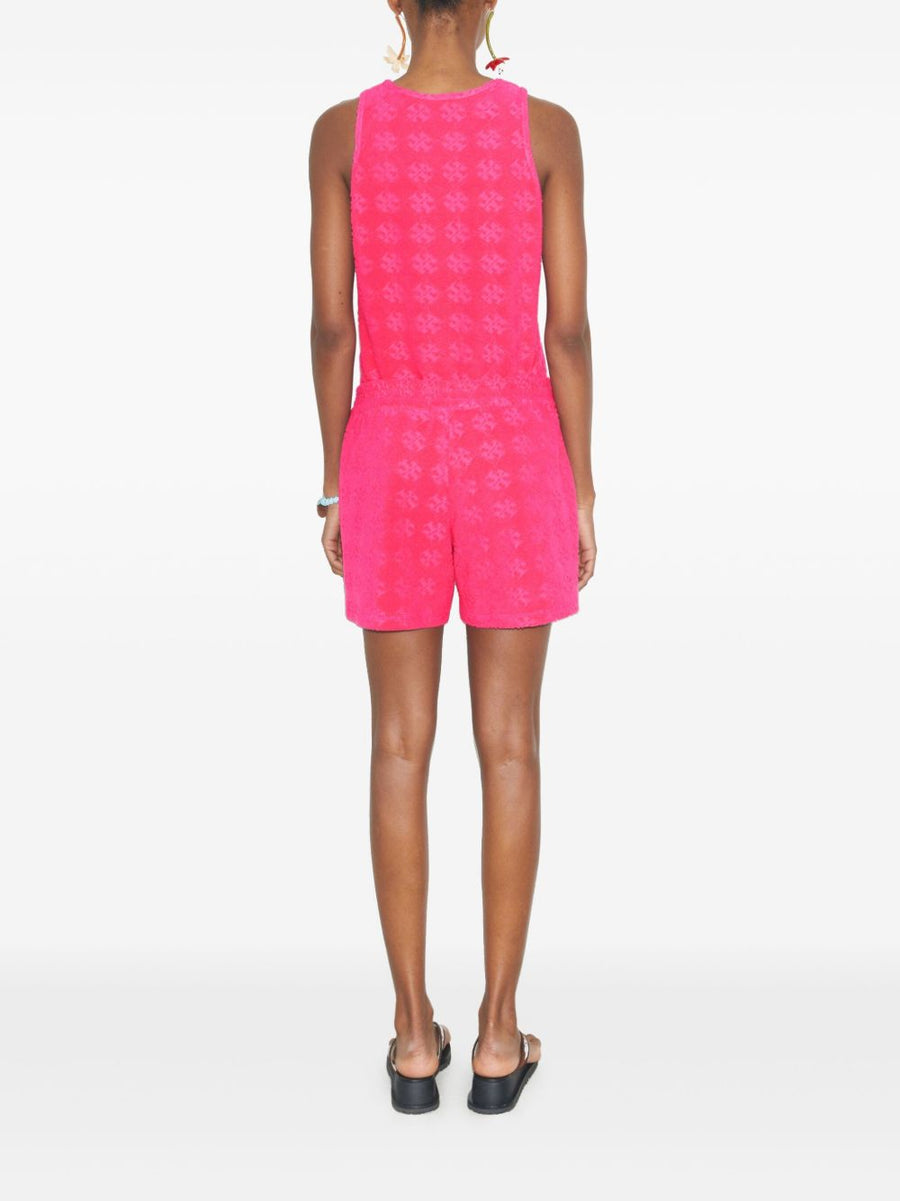 Tory Burch Logo Cotton Shorts For Women Bright Pink Allover Pattern Breathable Stretch Cotton