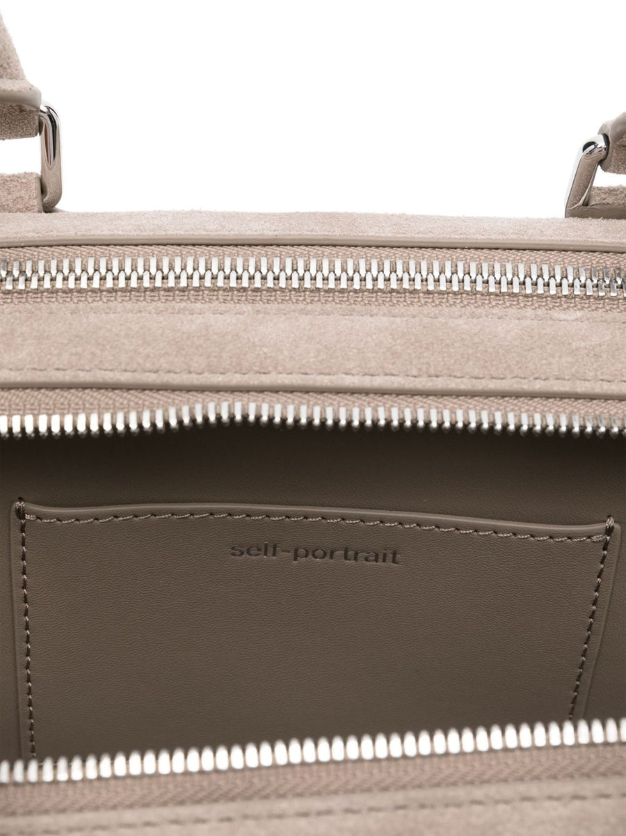 Self Portrait Grey Suede Baguette Shoulder Bag For Women With Bow Detail And Luxurious Silver Hardware