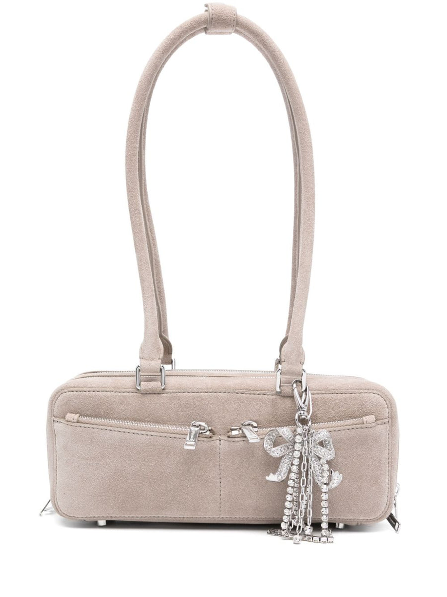 Self Portrait Grey Suede Baguette Shoulder Bag For Women With Bow Detail And Luxurious Silver Hardware