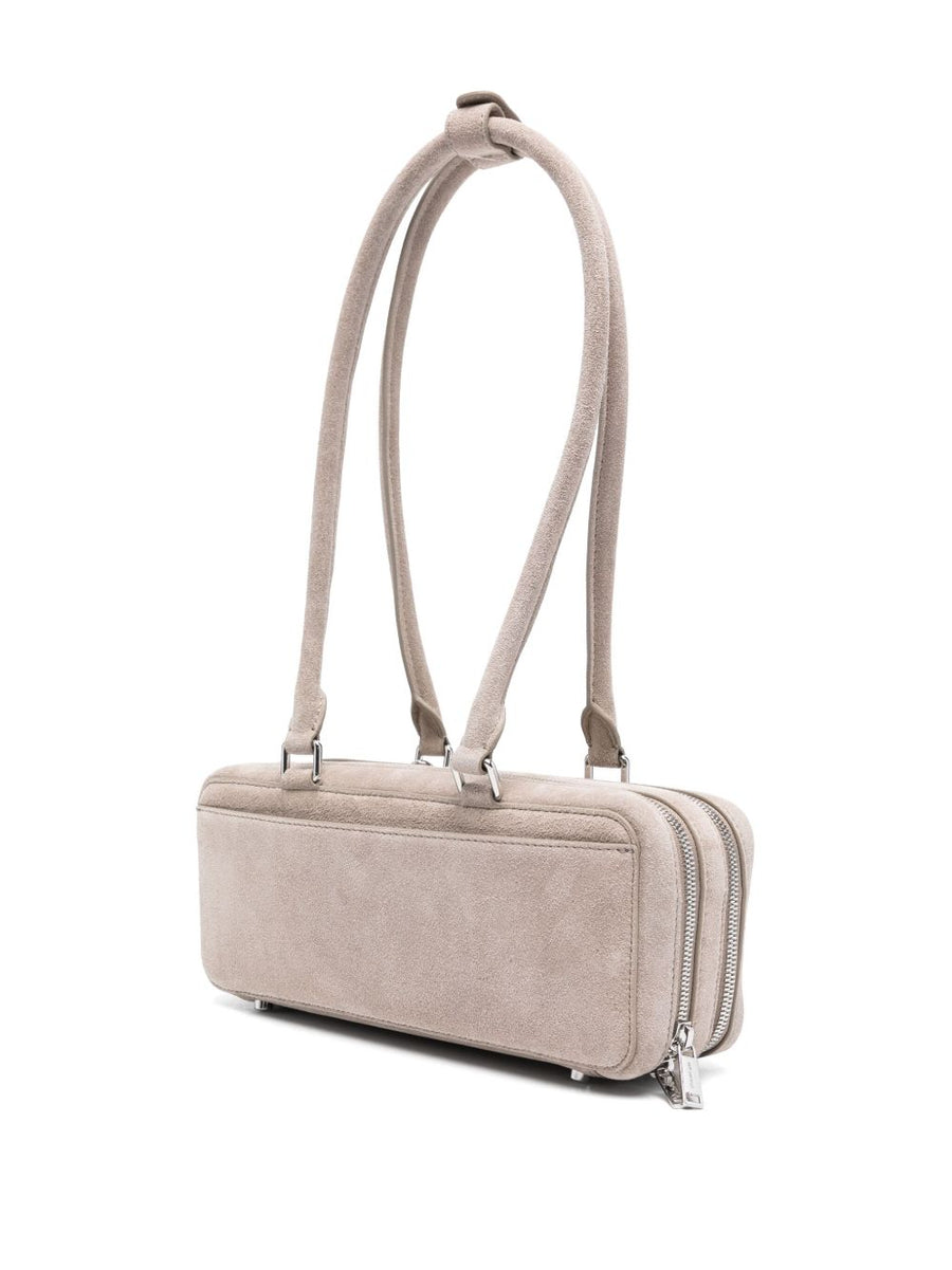 Self Portrait Grey Suede Baguette Shoulder Bag For Women With Bow Detail And Luxurious Silver Hardware