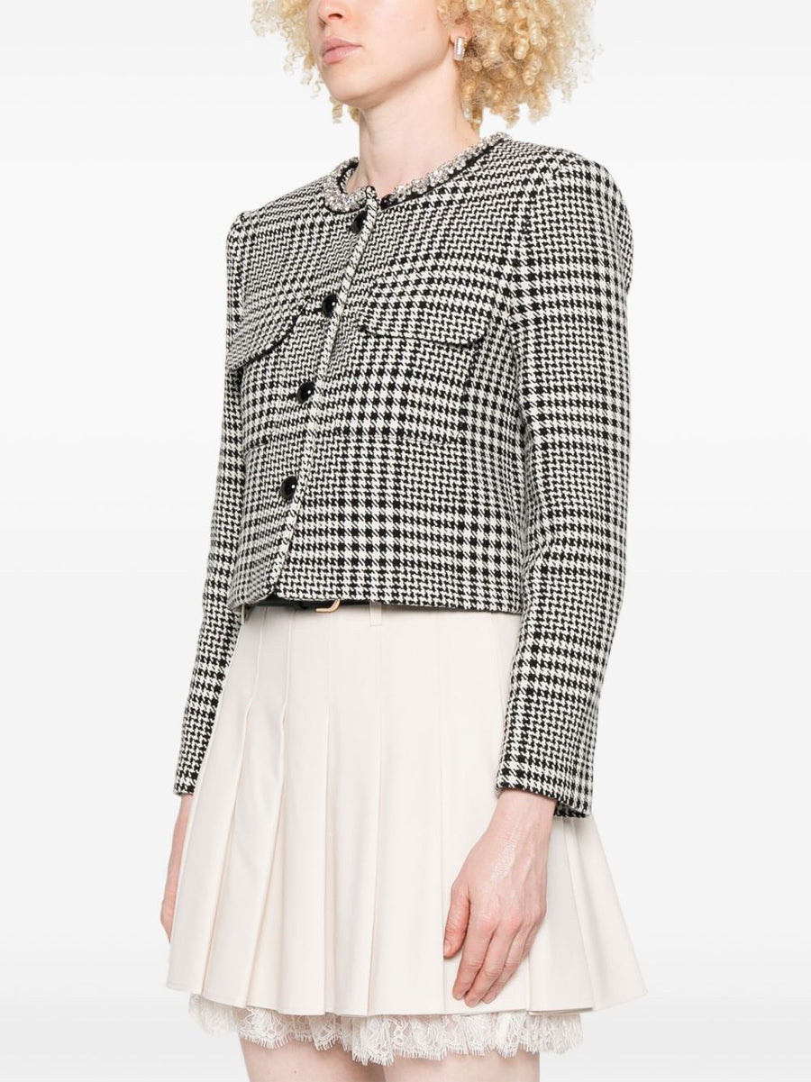 Self Portrait Houndstooth Cropped Jacket Crystal Embellishment For Women Day To Night Wear