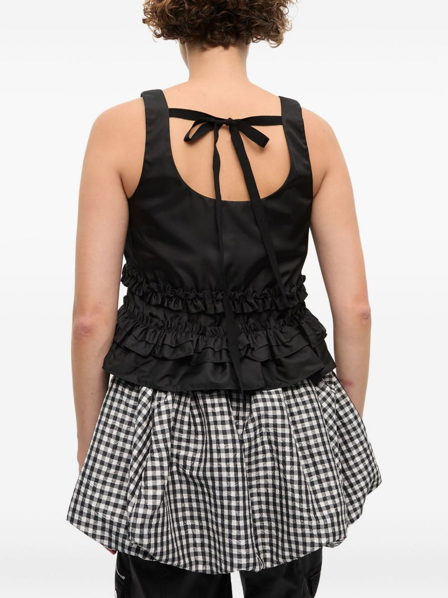 Ganni Nylon Tank Top for Women with Ruffle Hem Rear Tie Scoop Back Chic Versatile Layering Top