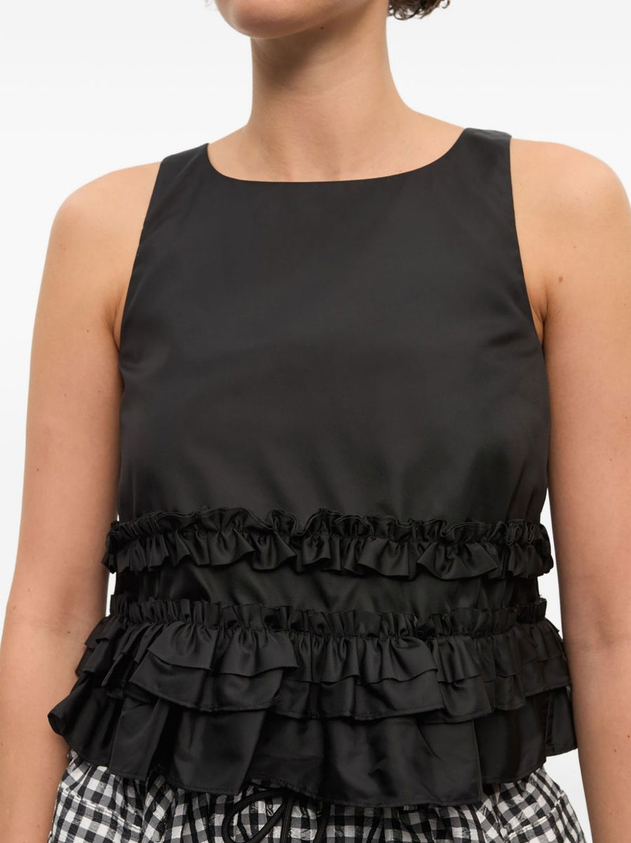 Ganni Nylon Tank Top for Women with Ruffle Hem Rear Tie Scoop Back Chic Versatile Layering Top