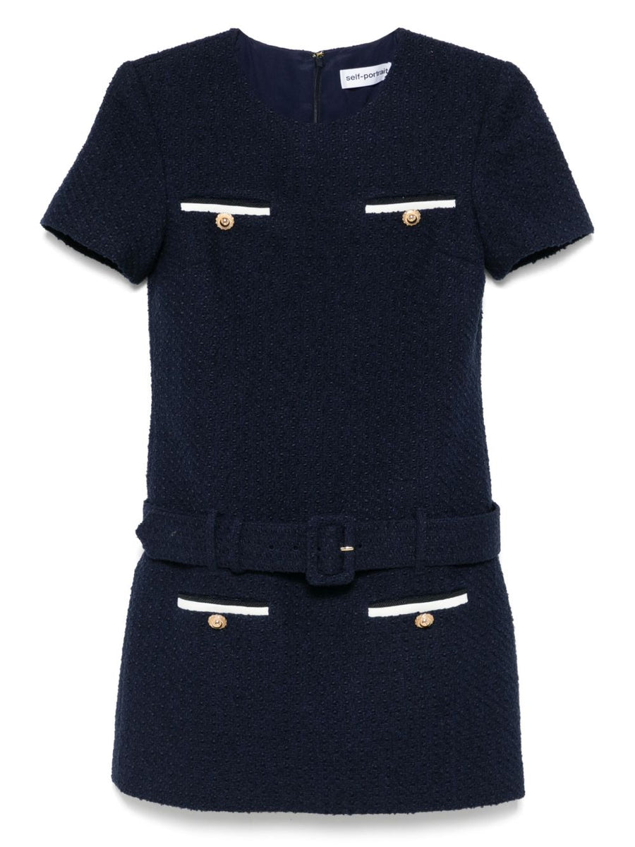 Self-Portrait Navy Boucle Belted Mini Dress For Women Polished Day-To-Evening Styling Chic