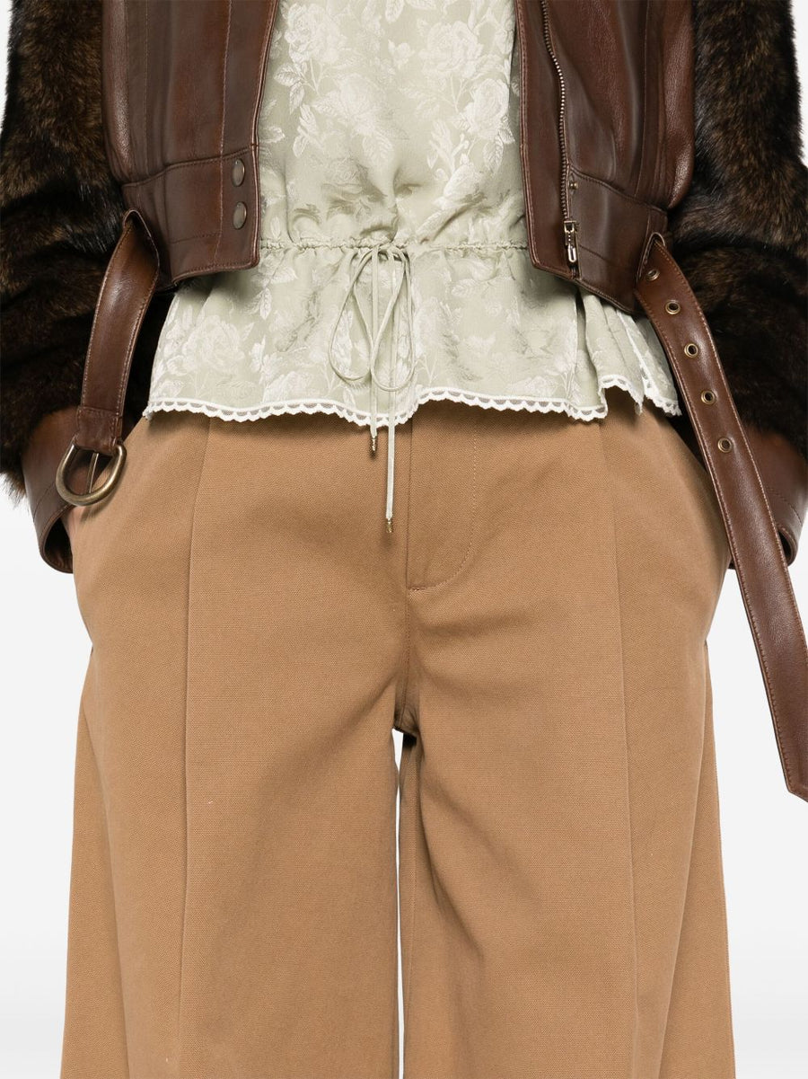 Chloé Cotton Wide Leg Trousers For Women Caramel Brown Front Button Zip Pockets Timeless Luxury