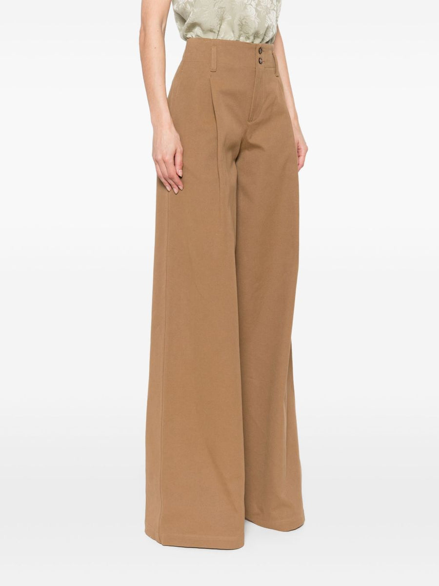 Chloé Cotton Wide Leg Trousers For Women Caramel Brown Front Button Zip Pockets Timeless Luxury