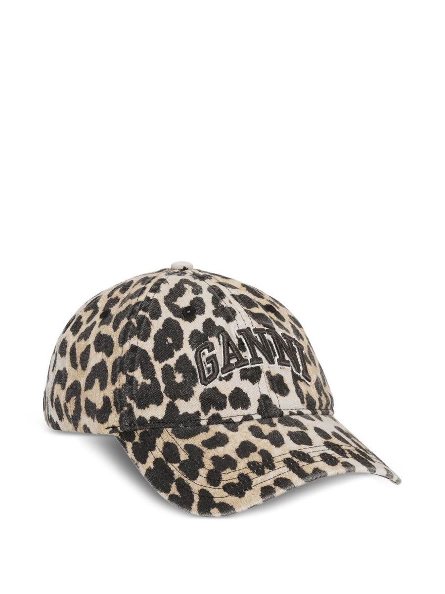 Ganni Leopard Print Cap Women Lightweight Cotton Front Logo