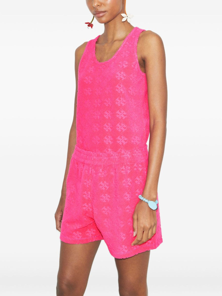Tory Burch Terry Tank Top For Women Relaxed Fit Fuchsia With Monogram Pattern And Raw Edge