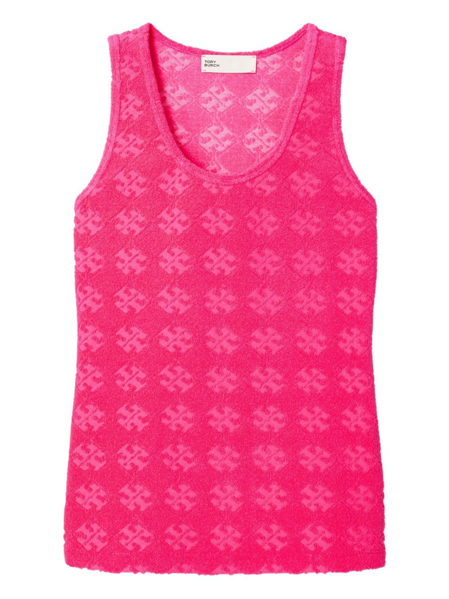 Tory Burch Terry Tank Top For Women Relaxed Fit Fuchsia With Monogram Pattern And Raw Edge