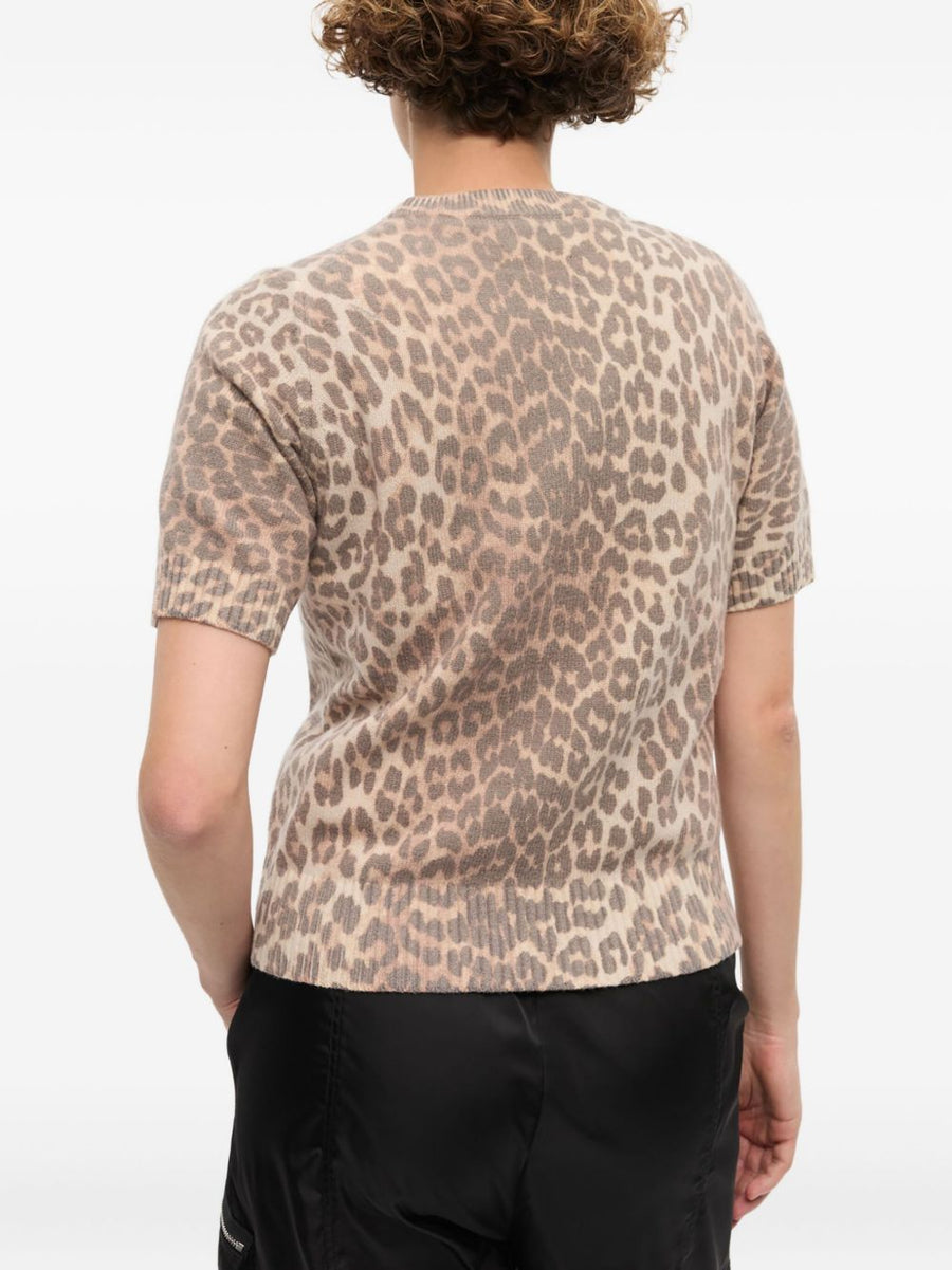 Ganni Logo Wool T Shirt For Women Beige Luxury Everyday Top With Leopard Ribbed Trim
