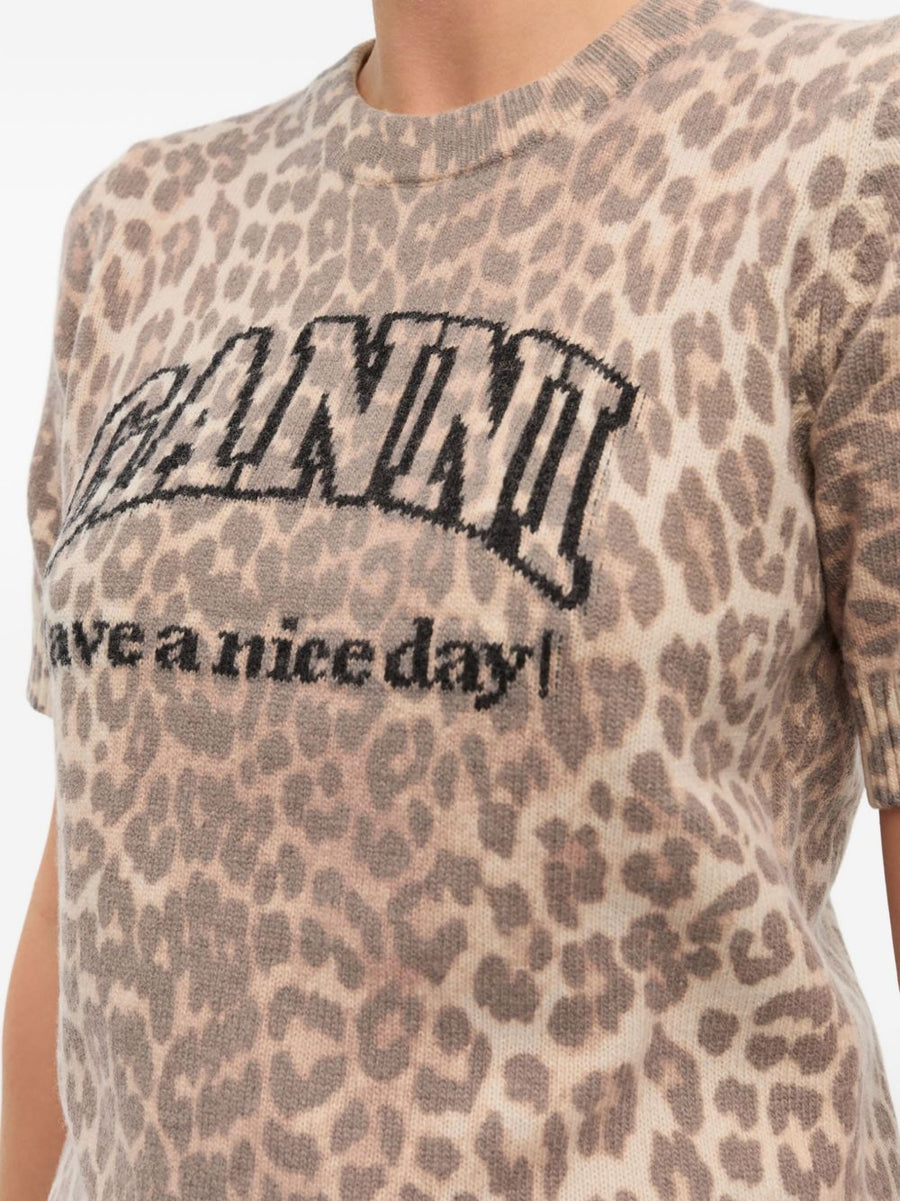 Ganni Logo Wool T Shirt For Women Beige Luxury Everyday Top With Leopard Ribbed Trim