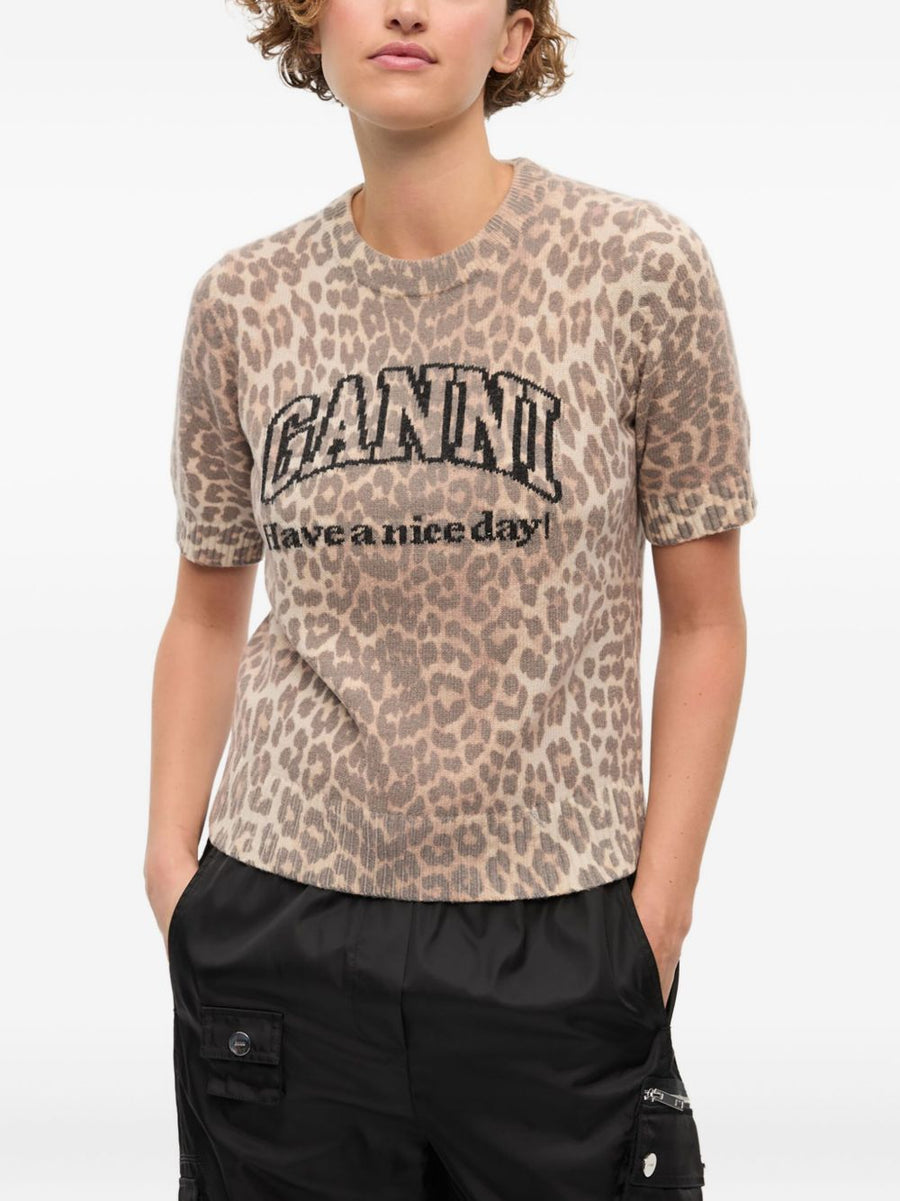 Ganni Logo Wool T Shirt For Women Beige Luxury Everyday Top With Leopard Ribbed Trim
